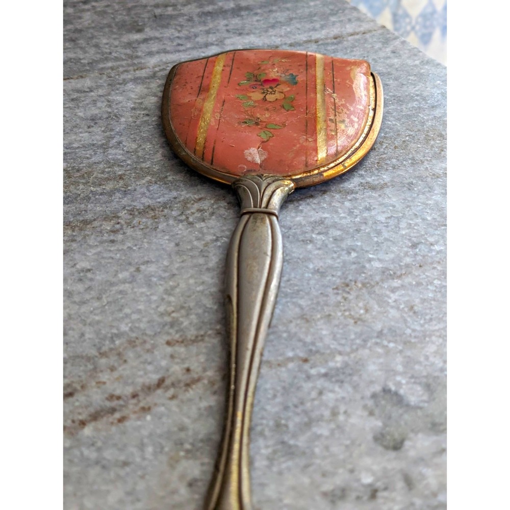Vintage 14" Vanity Hand Mirror Pink Floral Gold Silver Tone Double Sided Beveled
